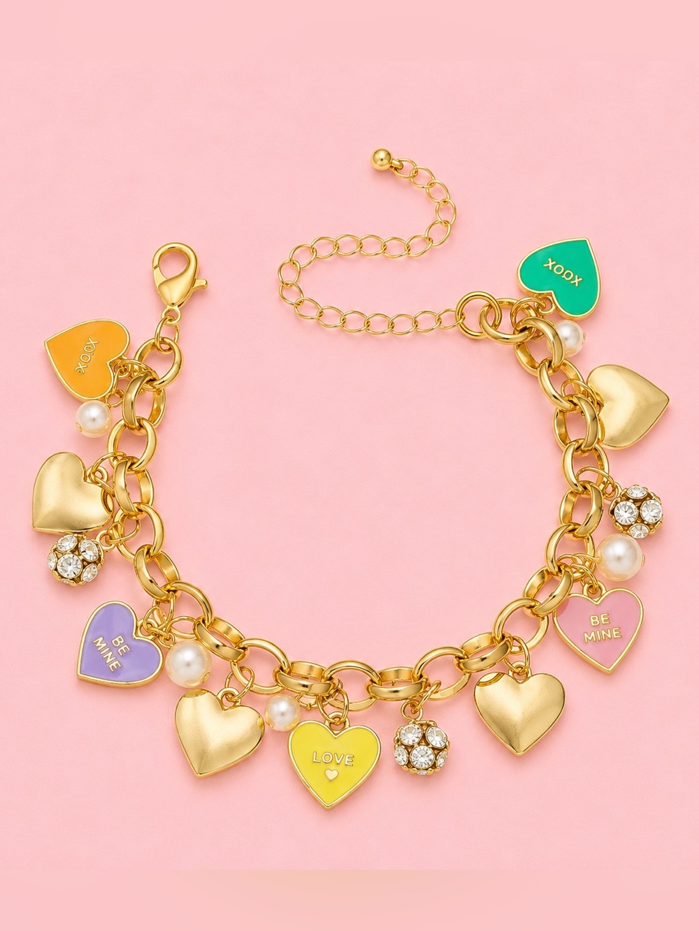 Sweet Hearts Multicolor Gold Crystal Pearl Bracelet